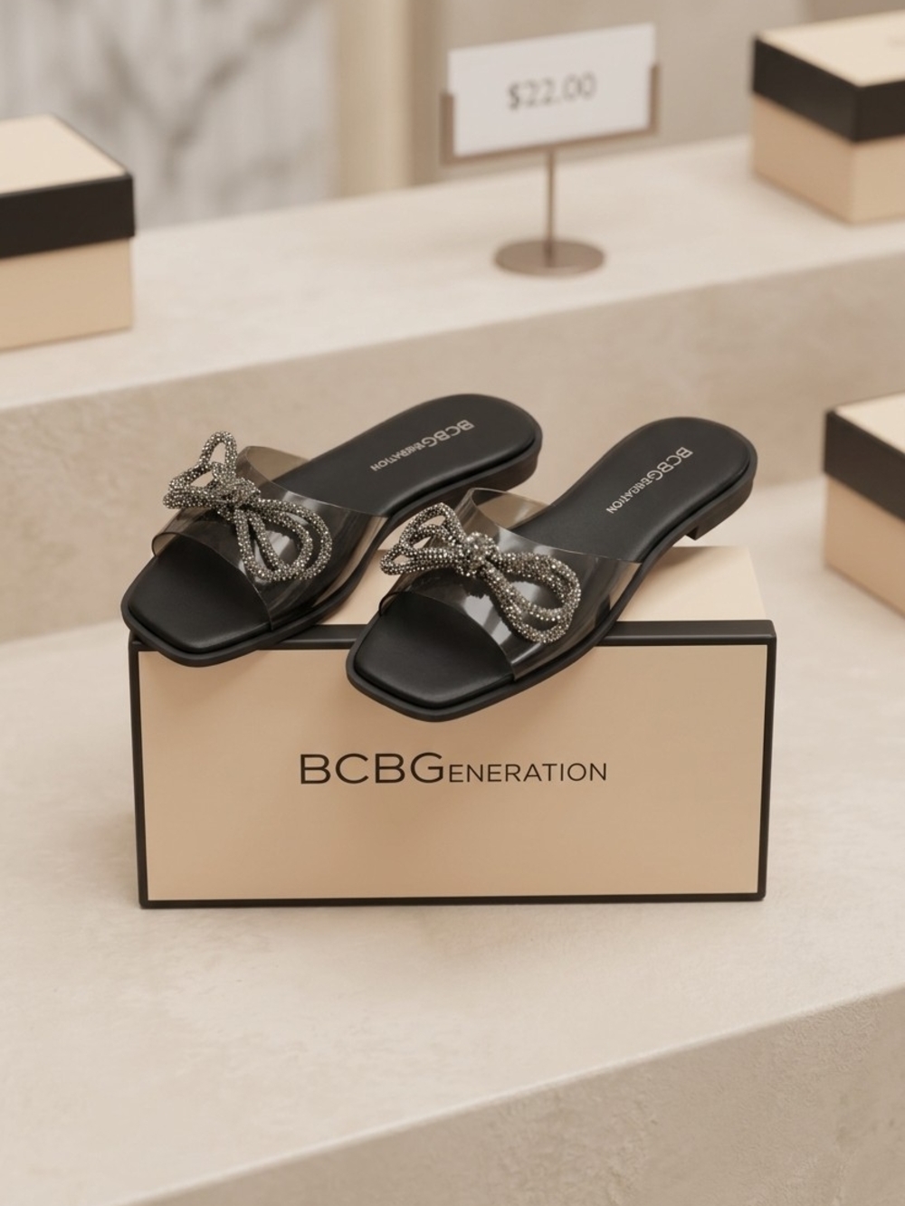 BCBGeneration Black Slide Mules with Crystal Knot Detail